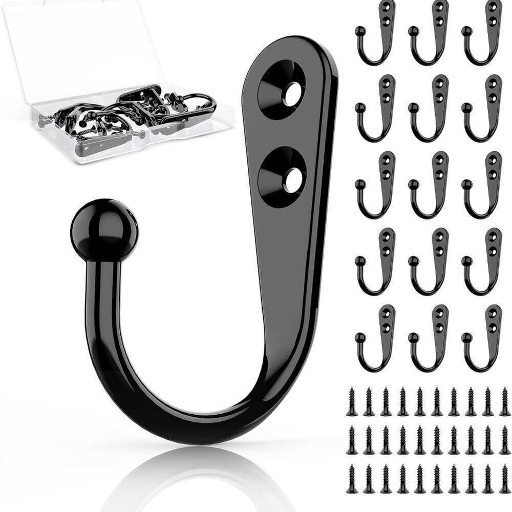 15Pcs Black Wall Mounted Coat Hooks, Hanger Hook with 30 Pieces Screws for Hangi
